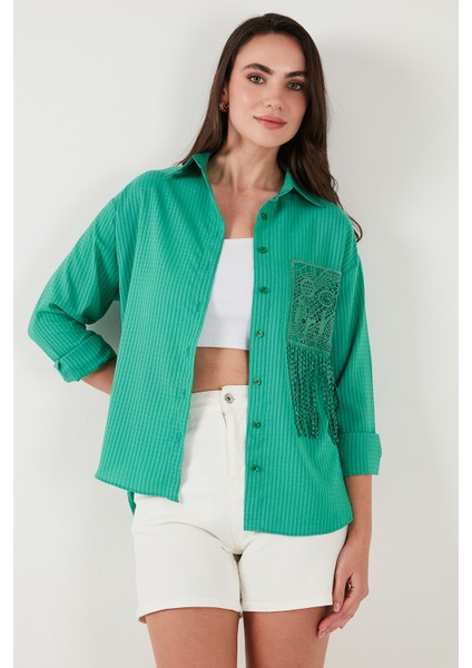 Regular Fit Güpürlü Cep Detaylı Uzun Kollu Gömlek Bayan Gömlek 6773215 indirimleri