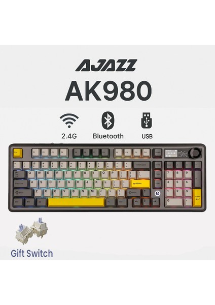 AK980 3 Modlu Hot-Swap Tft Ekranlı Mekanik Oyun KLAVYESI-8.000 Mah Batarya Dinamik Rgb