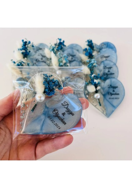 Epoksi Magnet, 25 adet, Söz, Nişan, Kına, Düğün, Nikah, Baby Shower, Doğum Hediyesi -- Mavi ve Pembe renk, Kuru çiçek, inci süsleme ve gümüş detaylar