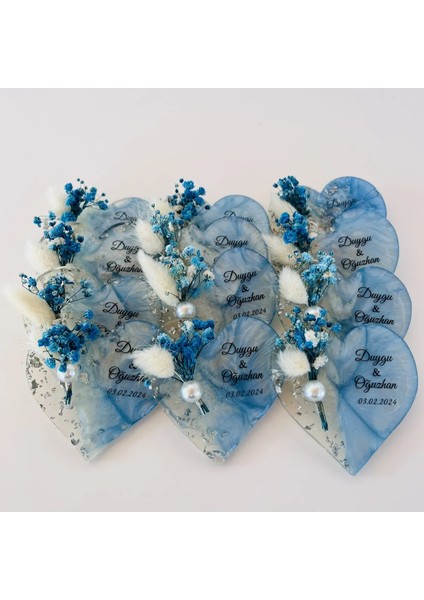 Epoksi Magnet, 25 adet, Söz, Nişan, Kına, Düğün, Nikah, Baby Shower, Doğum Hediyesi -- Mavi ve Pembe renk, Kuru çiçek, inci süsleme ve gümüş detaylar