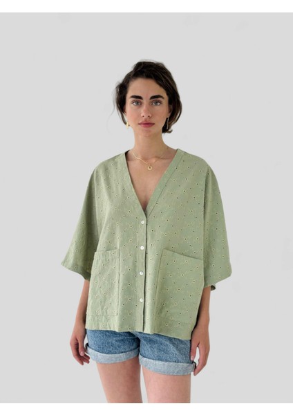 Tasarım V Yaka Brode Kimono Gömlek Kadın Çağla