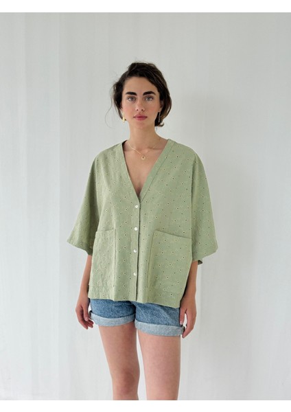 Tasarım V Yaka Brode Kimono Gömlek Kadın Çağla modelleri
