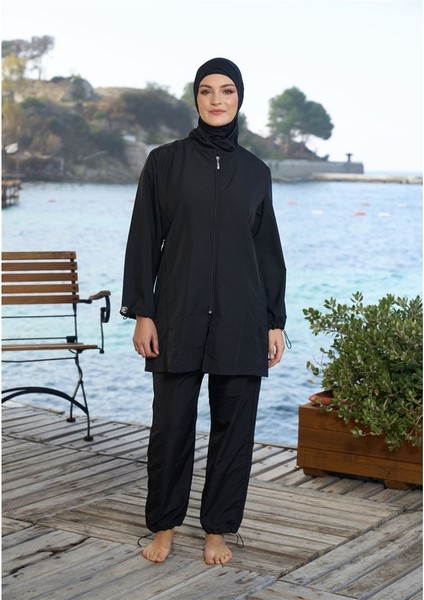 Düz Kol Paça Lastikli Fermuarlı Tam Kapalı Tesettür Mayo