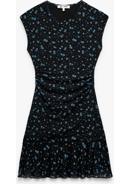 Kolsuz Bisiklet Yaka Drapeli Astarlı Çiçekli Tül Mini Elbise