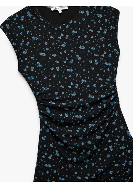 Kolsuz Bisiklet Yaka Drapeli Astarlı Çiçekli Tül Mini Elbise modelleri