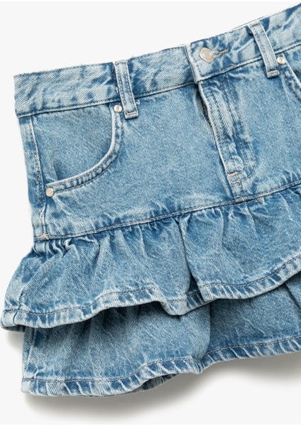 Pamuklu Fırfır Detaylı Katlı Cepli Mini Denim Etek modelleri