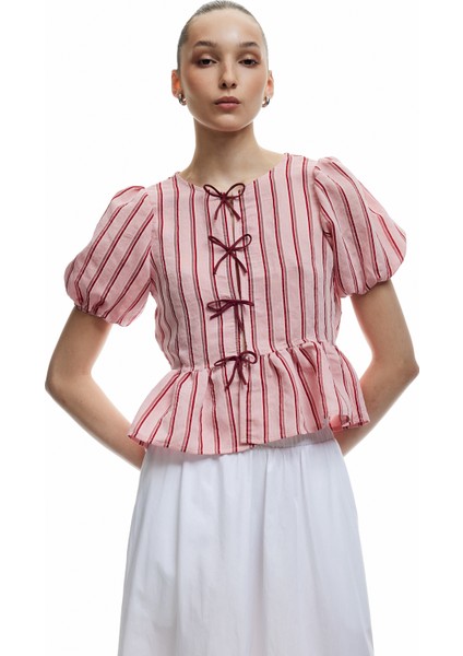Bisiklet Yaka Fiyonklu Modal Karışımlı Çizgili Kısa Balon Kol Bluz