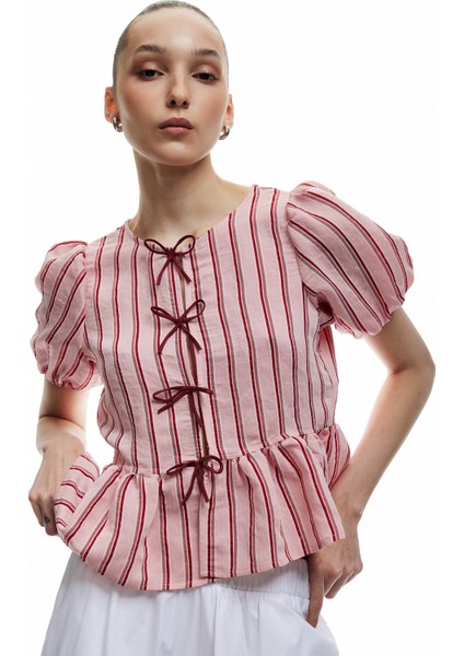 Bisiklet Yaka Fiyonklu Modal Karışımlı Çizgili Kısa Balon Kol Bluz modelleri