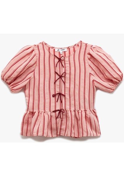 Bisiklet Yaka Fiyonklu Modal Karışımlı Çizgili Kısa Balon Kol Bluz fırsatları