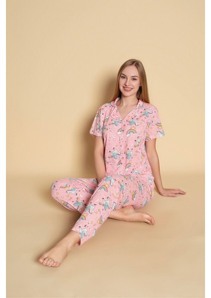 Kadın Unicorn Desen Kısa Kol Gömlekpijama Takımı