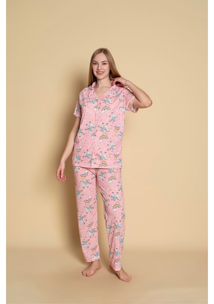 Kadın Unicorn Desen Kısa Kol Gömlekpijama Takımı
