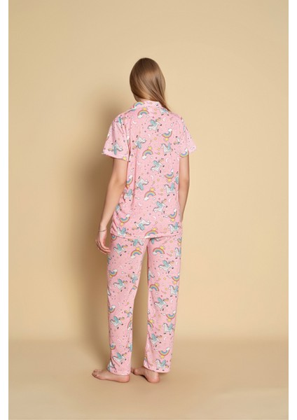 Kadın Unicorn Desen Kısa Kol Gömlekpijama Takımı