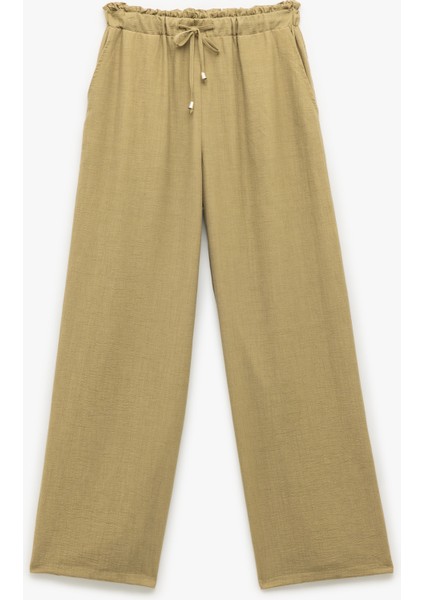 Beli Bağcıklı Cepli Keten Karışımlı Bol Paça Pantolon