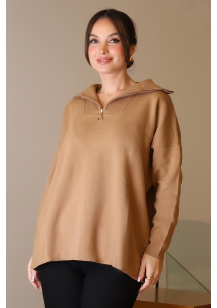 Geniş Yaka Fermuarlı Camel Triko Kadın Kazak 6078-2K5