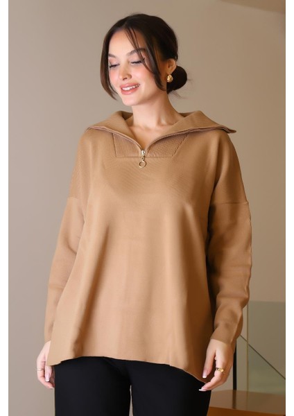 Geniş Yaka Fermuarlı Camel Triko Kadın Kazak 6078-2K5 fiyatları