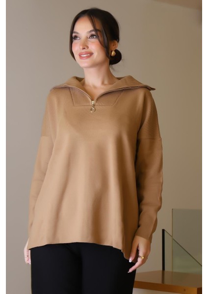 Geniş Yaka Fermuarlı Camel Triko Kadın Kazak 6078-2K5 fırsatları