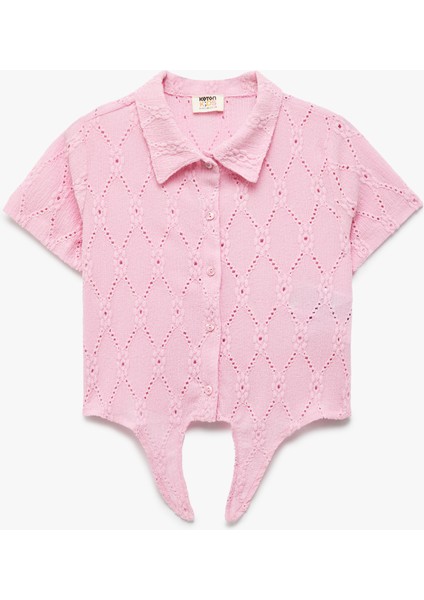 Kısa Kollu Bağlama Detaylı Gömlek Yaka Brodeli Bluz