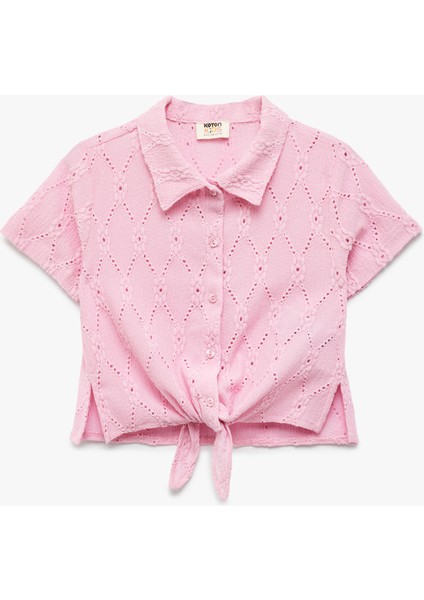 Kısa Kollu Bağlama Detaylı Gömlek Yaka Brodeli Bluz fiyatları