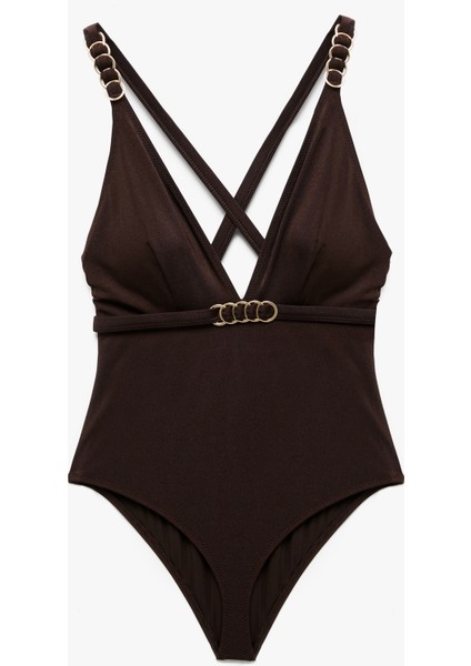 Astarlı Aksesuarlı Derin V Yaka Arkası Çapraz Askılı Mayo