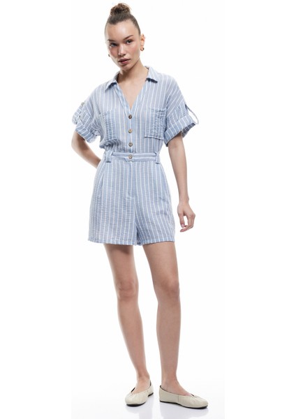 Düğmeli Kısa Kollu Cep Detaylı Gömlek Yaka Mini Salopet Tulum