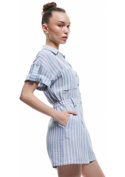 Düğmeli Kısa Kollu Cep Detaylı Gömlek Yaka Mini Salopet Tulum fiyatları