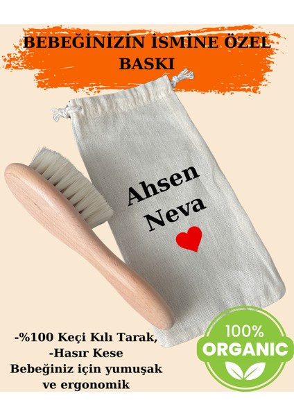 Kişiye Özel Ahşap Saplı Keçi Kılı Bebek Bakım Tarağı ve Doğal Hasır Kese
