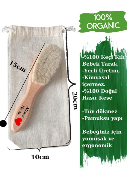 Kişiye Özel Ahşap Saplı Keçi Kılı Bebek Bakım Tarağı ve Doğal Hasır Kese