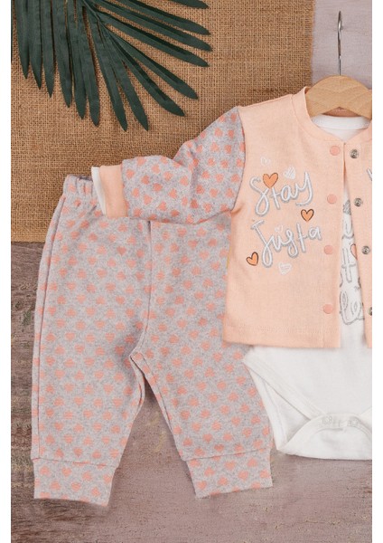3-9 Ay Kız Bebek Takımı Stay Little Puan 3'lü Hırkalı Somon modelleri