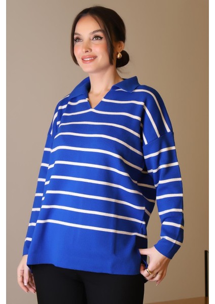 Gömlek Yaka Çizgili Saks Ekru Kadın Triko Kazak 5165-2K5