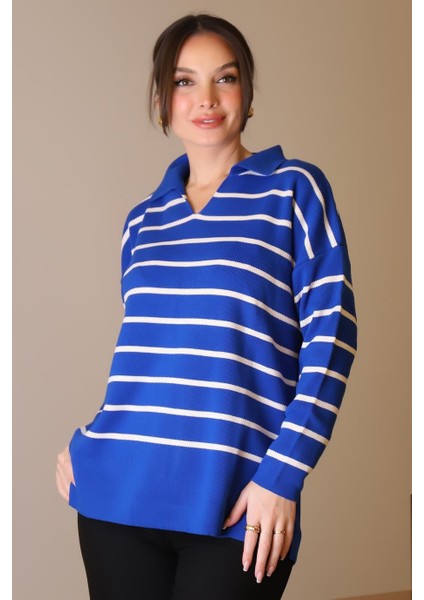 Gömlek Yaka Çizgili Saks Ekru Kadın Triko Kazak 5165-2K5 fiyatları