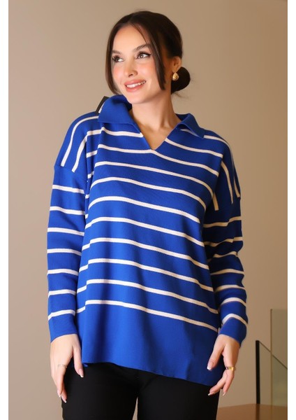 Gömlek Yaka Çizgili Saks Ekru Kadın Triko Kazak 5165-2K5 fırsatları