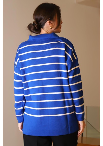 Gömlek Yaka Çizgili Saks Ekru Kadın Triko Kazak 5165-2K5 indirimleri