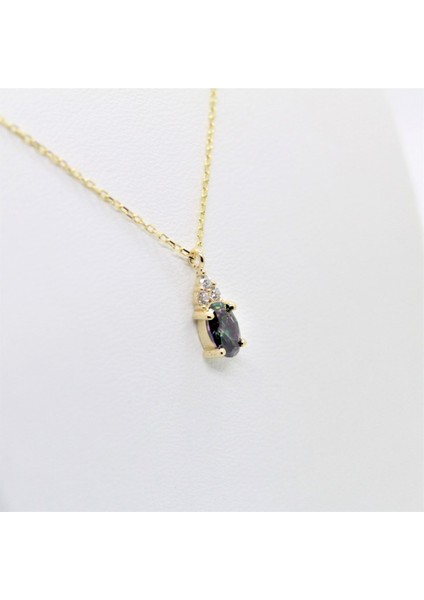 14 Ayar Altın Kolye -1.3Ct Mistik Topaz Aleksandrit Oval Taşlı Pırlanta Montürü Nano Has Taşlı Altın Kolye-Hediye 14 Ayar Altın Kolye