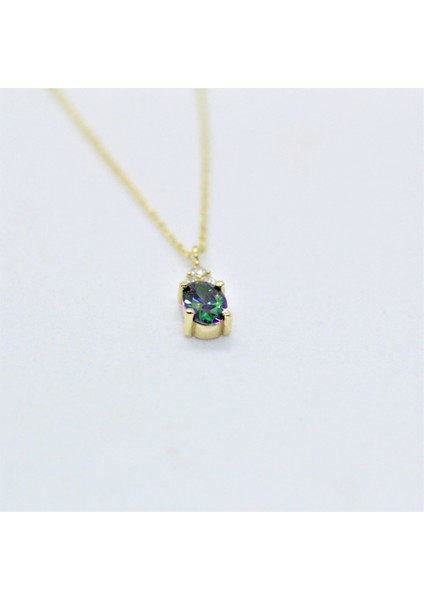 14 Ayar Altın Kolye -1.3Ct Mistik Topaz Aleksandrit Oval Taşlı Pırlanta Montürü Nano Has Taşlı Altın Kolye-Hediye 14 Ayar Altın Kolye