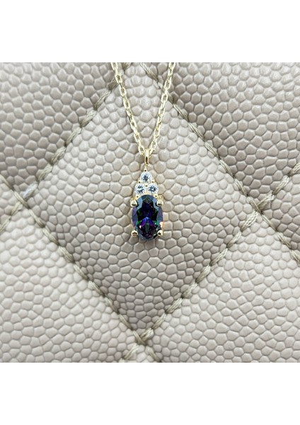 14 Ayar Altın Kolye -1.3Ct Mistik Topaz Aleksandrit Oval Taşlı Pırlanta Montürü Nano Has Taşlı Altın Kolye-Hediye 14 Ayar Altın Kolye