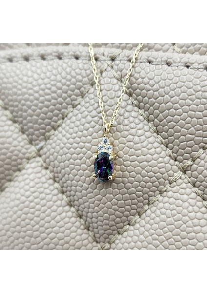 14 Ayar Altın Kolye -1.3Ct Mistik Topaz Aleksandrit Oval Taşlı Pırlanta Montürü Nano Has Taşlı Altın Kolye-Hediye 14 Ayar Altın Kolye