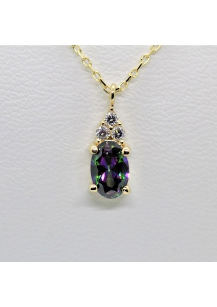 14 Ayar Altın Kolye -1.3Ct Mistik Topaz Aleksandrit Oval Taşlı Pırlanta Montürü Nano Has Taşlı Altın Kolye-Hediye 14 Ayar Altın Kolye