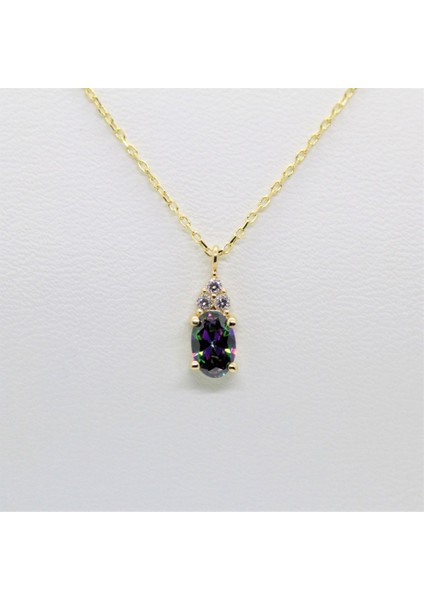 14 Ayar Altın Kolye -1.3Ct Mistik Topaz Aleksandrit Oval Taşlı Pırlanta Montürü Nano Has Taşlı Altın Kolye-Hediye 14 Ayar Altın Kolye