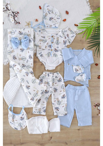 Erkek Bebek Yenidoğan Müslin Mavi 10 Lu Lüks Hastane Çıkışı Zıbın Seti STL6994