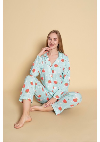 Kadın Çilek Desen Uzun Kol Gömlek Pijamatakımı