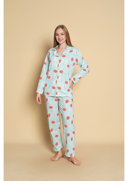 Kadın Çilek Desen Uzun Kol Gömlek Pijamatakımı fiyatları