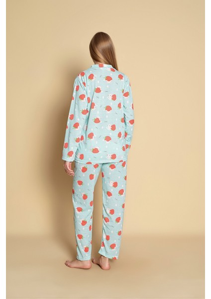 Kadın Çilek Desen Uzun Kol Gömlek Pijamatakımı modelleri