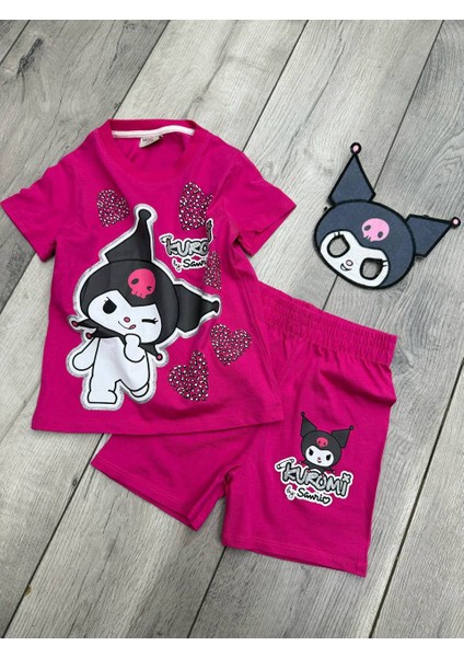 Kuromi Baskılı Kız Çocuk Kuromi Maskeli Tişört ve Şort Fuşya Takım