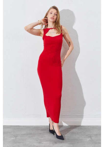 Kadın Kırmızı Önü Pencere Detaylı Elbise fırsatları