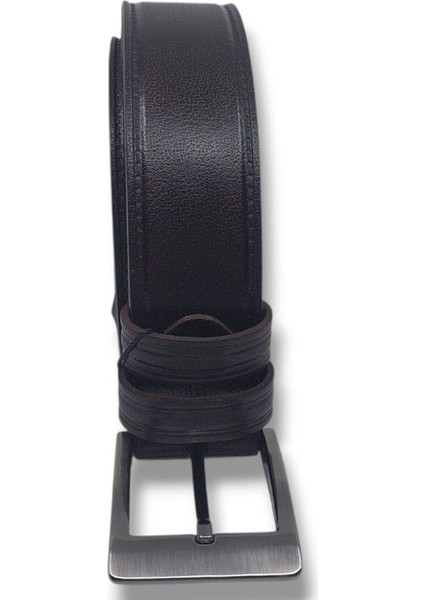 850 Erkek Koyu Kahve Hakiki Deri Kumaş Kot Kemeri 4 cm