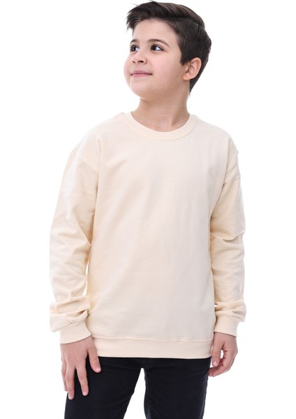 Basic Bisiklet Yaka Şardonlu Çocuk Sweatshirt 3-10 Yaş Krem