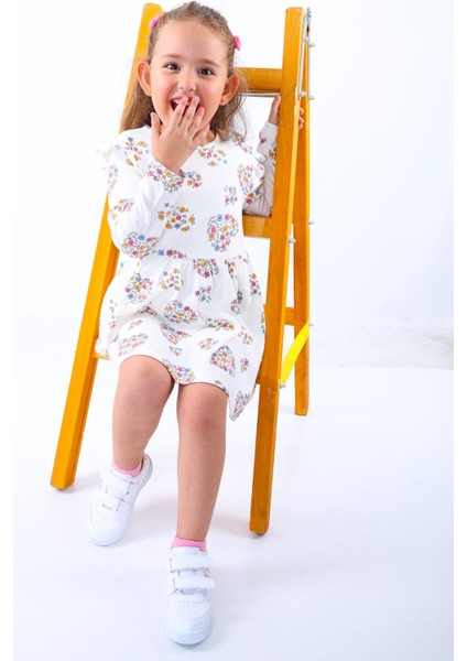 Yaprak Çiçek Fitilli Beyaz Elbise