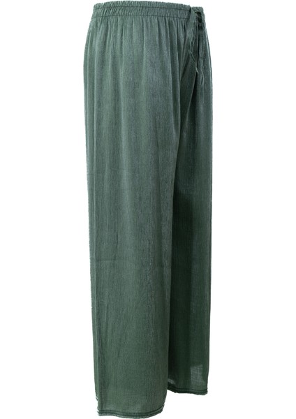 Kadın Pantolon Simli Parlak Bağcıklı Viskon Kumaş Beli Lastikli Geniş Paça Jumbo Rahat Kesim