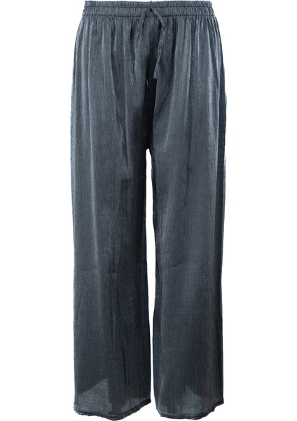 Kadın Pantolon Simli Parlak Bağcıklı Viskon Kumaş Beli Lastikli Geniş Paça Jumbo Rahat Kesim