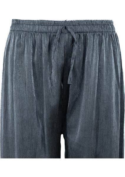 Kadın Pantolon Simli Parlak Bağcıklı Viskon Kumaş Beli Lastikli Geniş Paça Jumbo Rahat Kesim